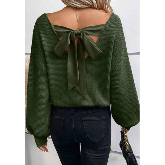 Tied Back V-Neck Long Sleeve Sweater