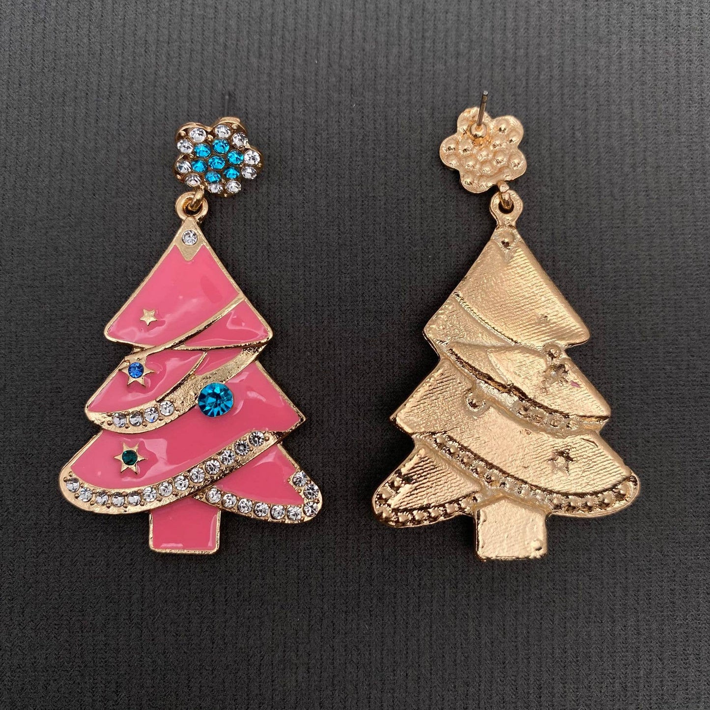 Rhinestone Inlaid Pink Enamel Christmas Tree Dagle Earrings
