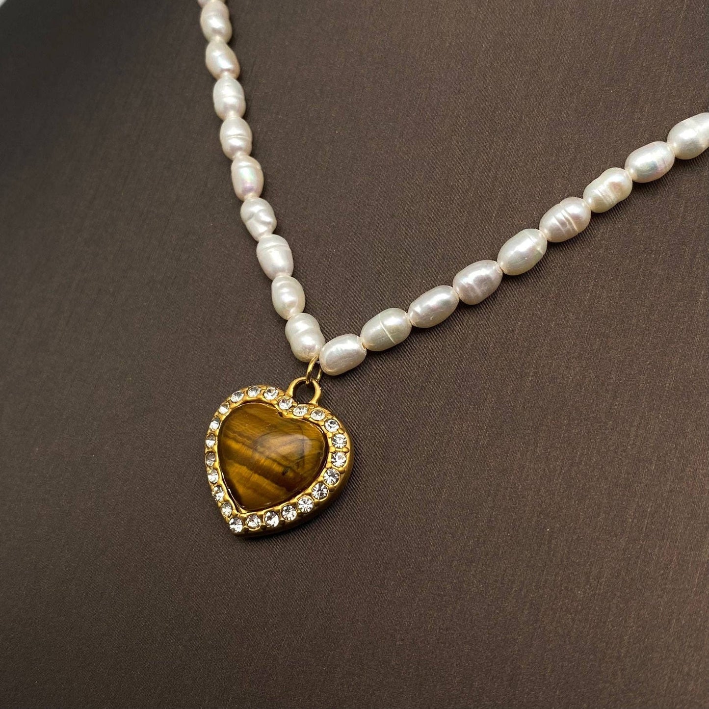 Non tarnish Tiger's Eye Stone Heart Charm Pearl Beaded Necklace