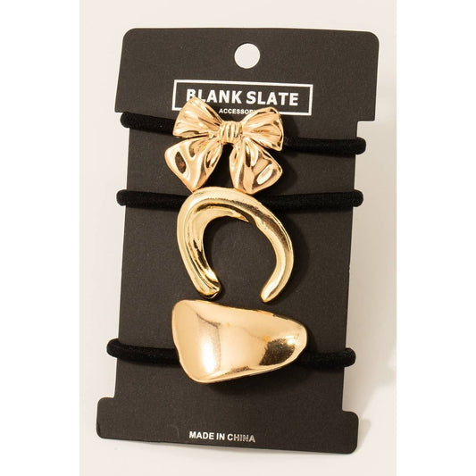 Metallic Ribbon Bow And Shapes Hair Tie Set