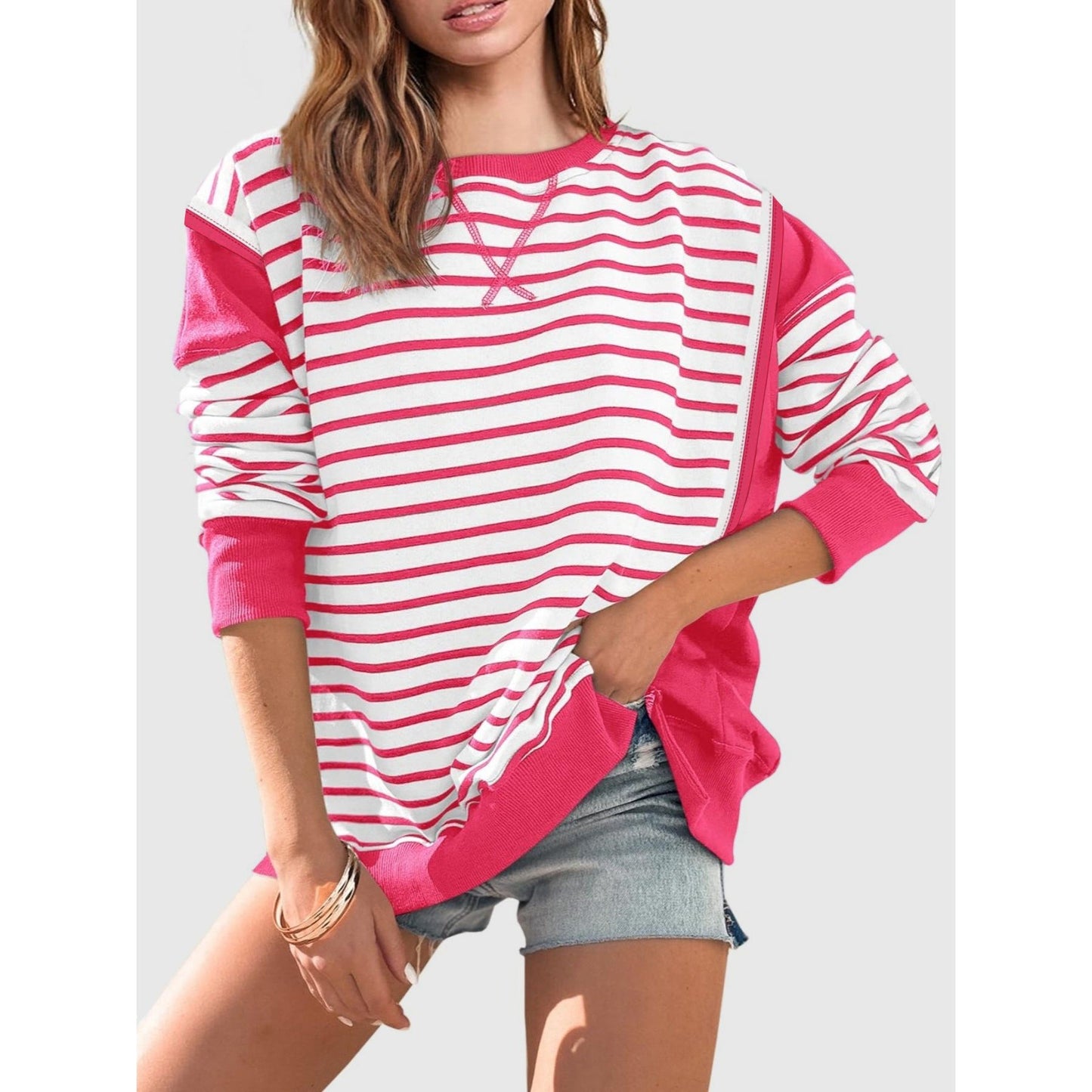 Slit Exposed Seam Striped Long Sleeve Sweatshirt