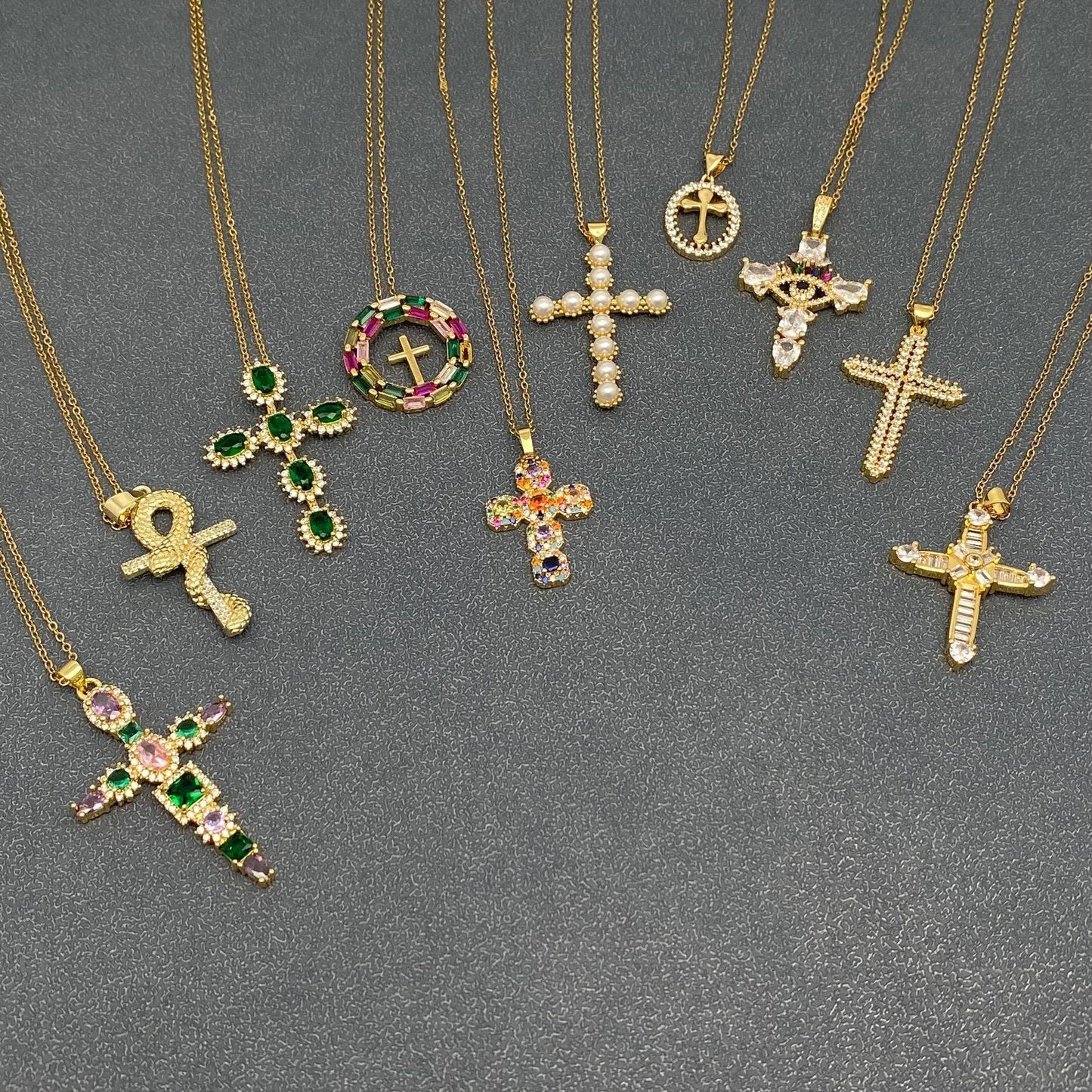 Multi Style Rhinestone & CZ Cross Charm Golden Necklace