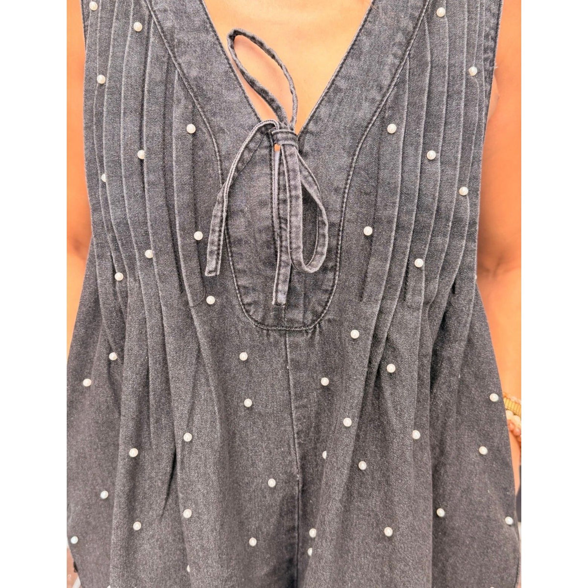 Pleated All over Pearl Denim Romper