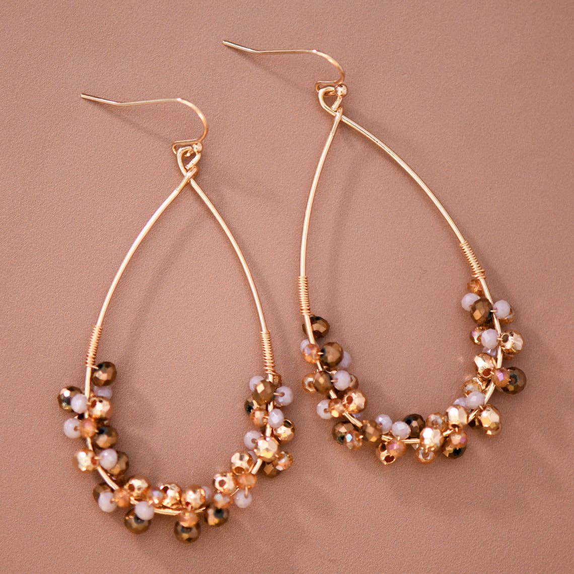 Gold Plated Wire Wrapped Beaded Teardrop Earrings