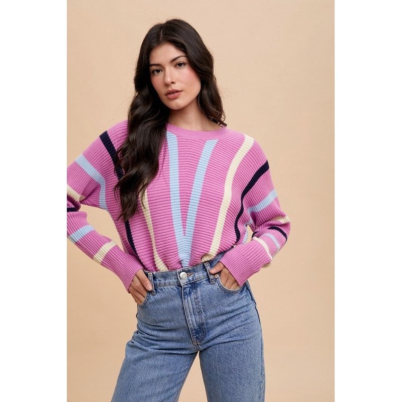 Annie Wear Chevron Stripe Round Neck Ribbed Sweater