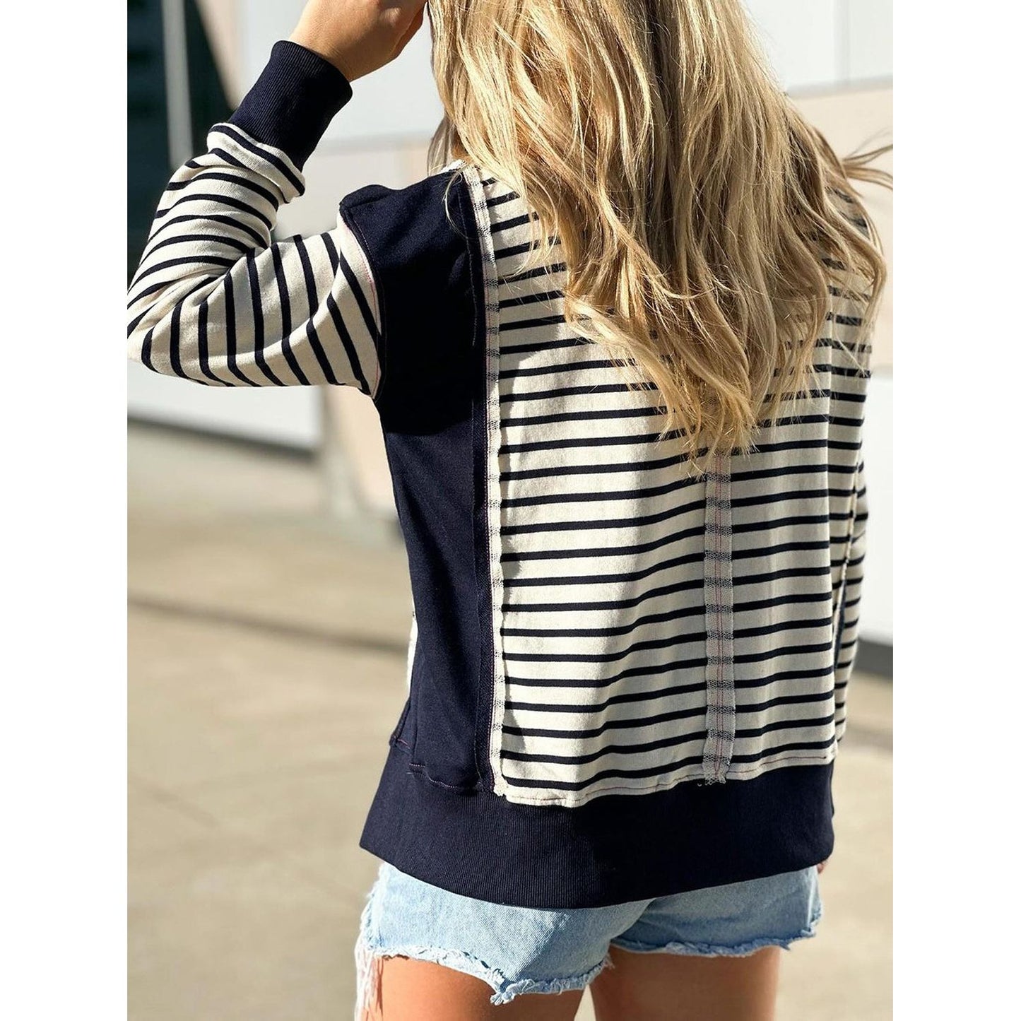 Slit Exposed Seam Striped Long Sleeve Sweatshirt