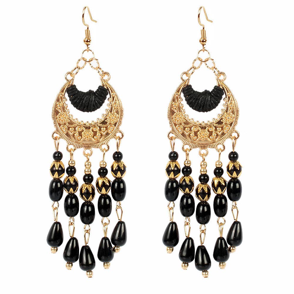 Beaded Tassel Crescent Earrings