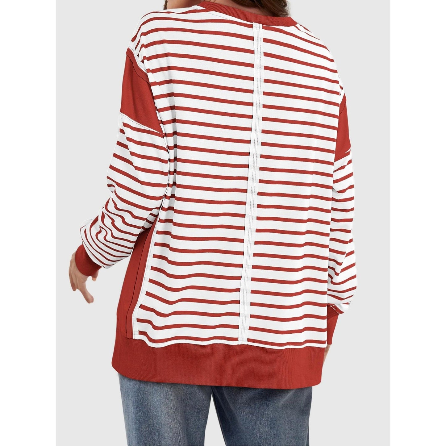 Slit Exposed Seam Striped Long Sleeve Sweatshirt