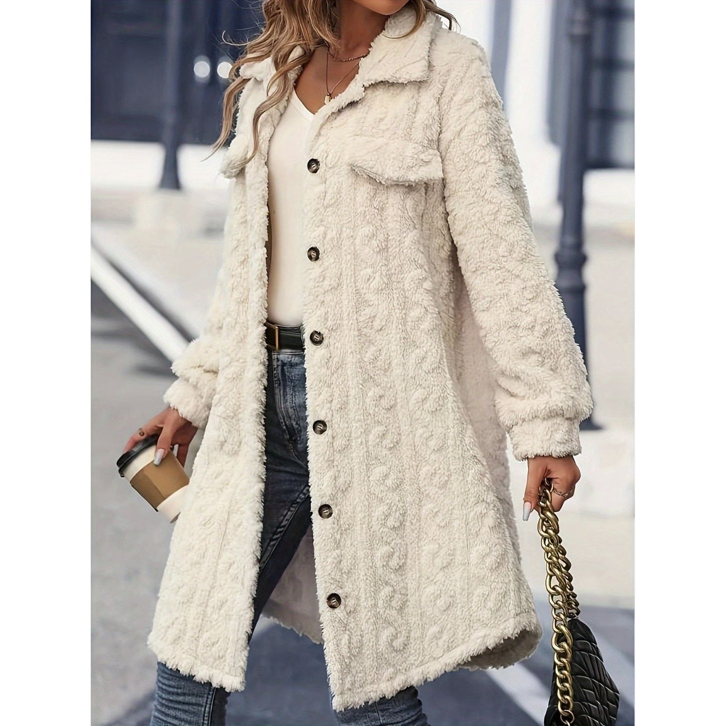 Fuzzy Button Up Long Sleeve Longline Coat