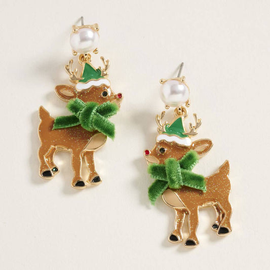Bow Accent Holiday Reindeer Dangle Earrings
