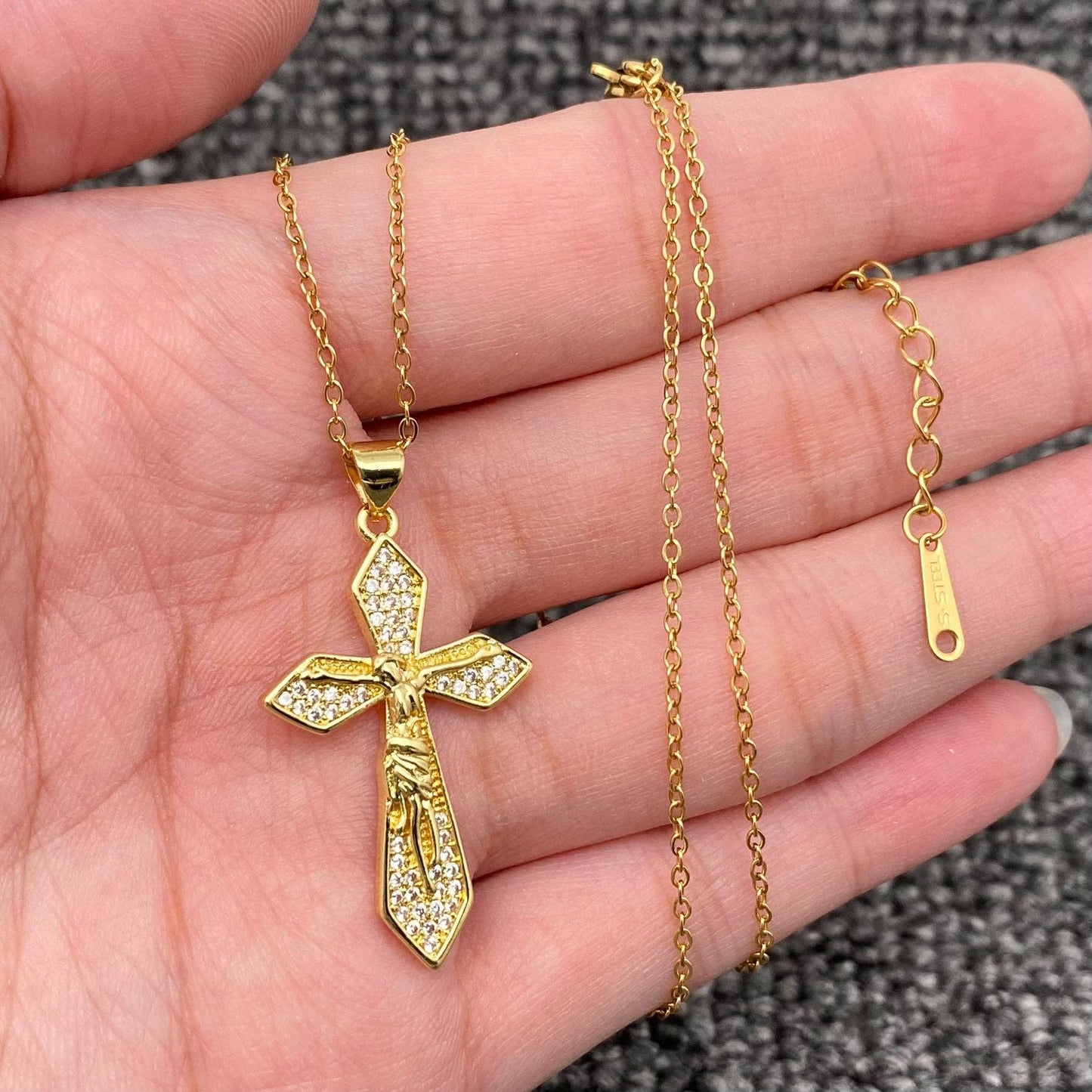 Multi Style Rhinestone & CZ Cross Charm Golden Necklace