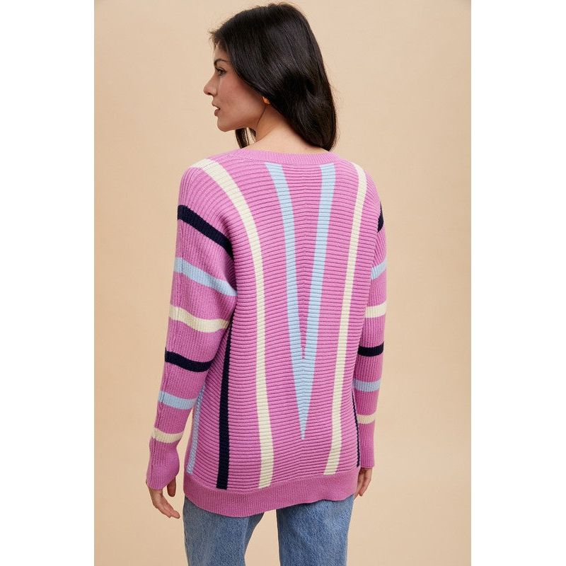 Annie Wear Chevron Stripe Round Neck Ribbed Sweater