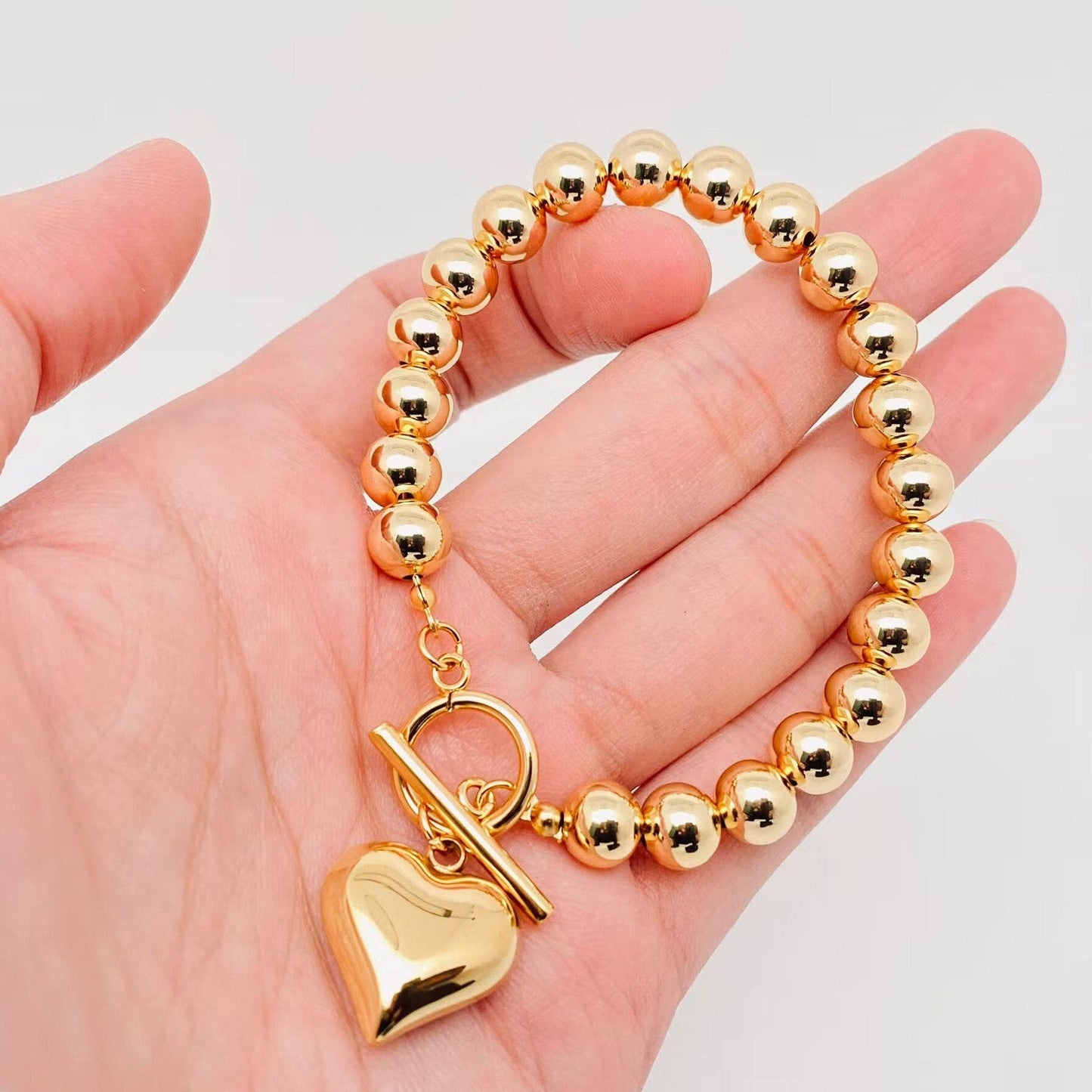 Heart Charm 18K Gold Plated 8MM Beads Chain Bracelet - FGS