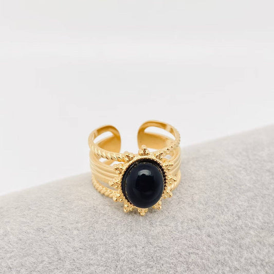 Inlaid Obsidian 18K Gold Plated Stainless Steel Ring