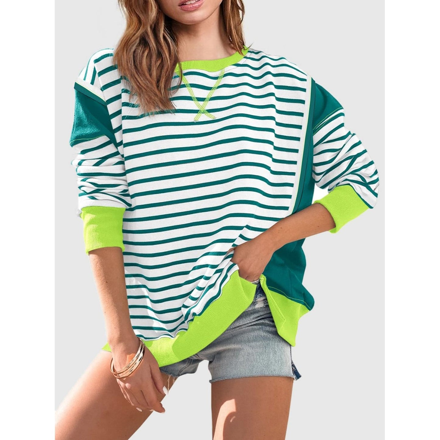 Slit Exposed Seam Striped Long Sleeve Sweatshirt