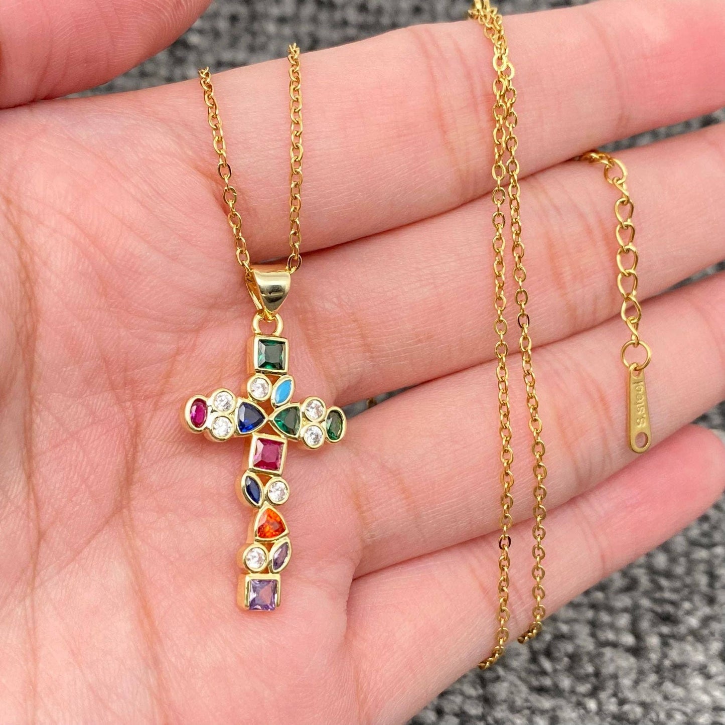 Multi Style Rhinestone & CZ Cross Charm Golden Necklace