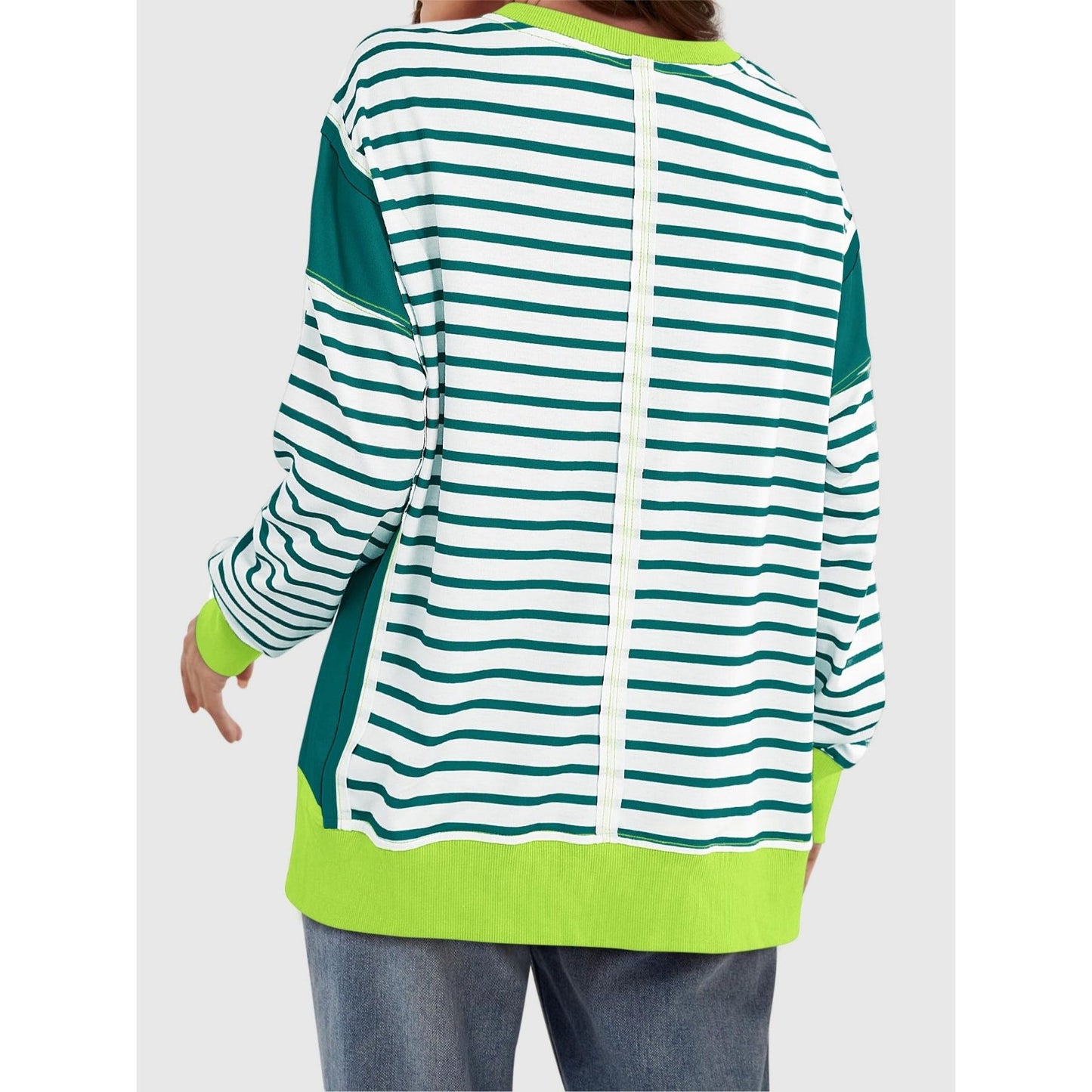 Slit Exposed Seam Striped Long Sleeve Sweatshirt