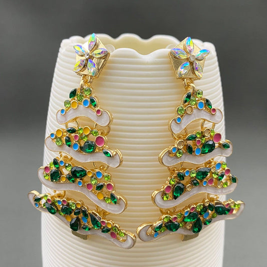 Rhinestone Inlaid Enamel Christmas Tree Dangle Earrings