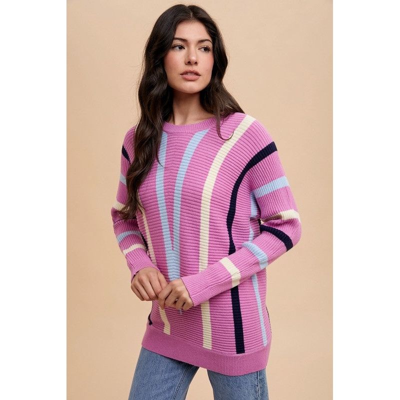 Annie Wear Chevron Stripe Round Neck Ribbed Sweater