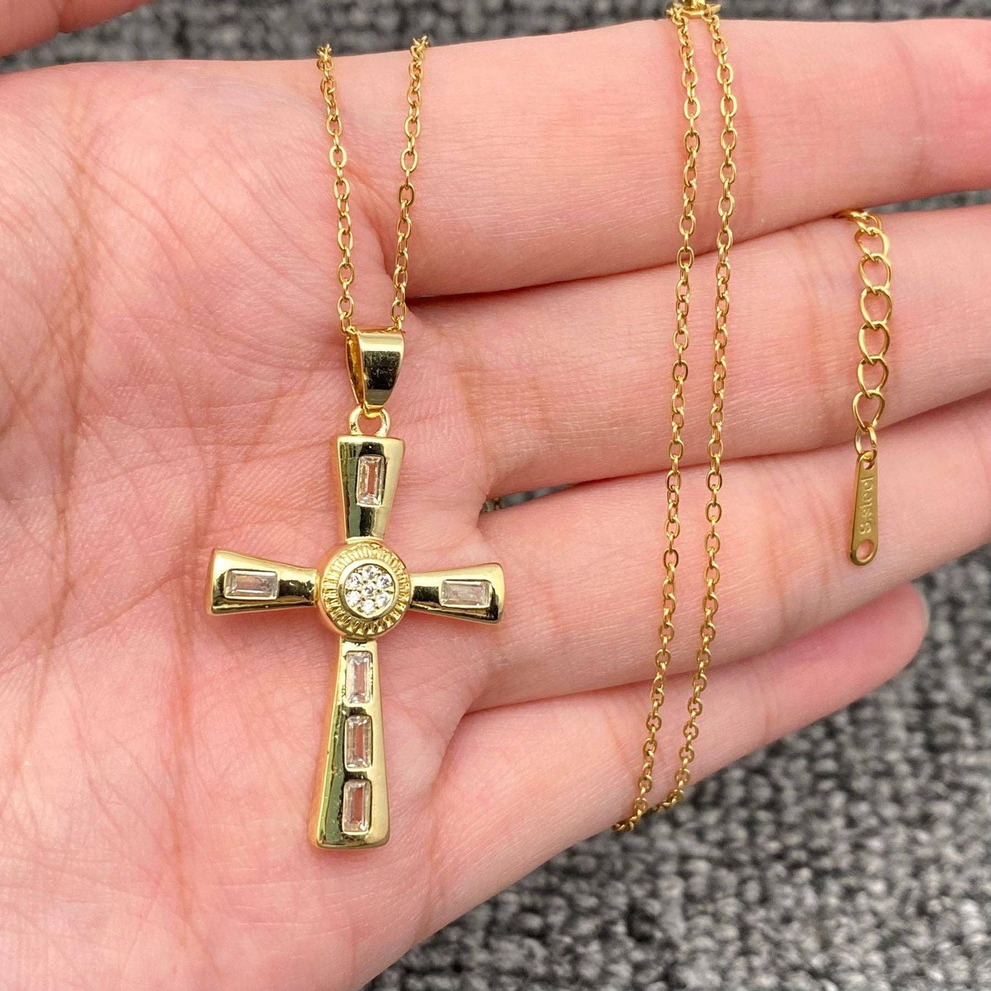 Multi Style Rhinestone & CZ Cross Charm Golden Necklace