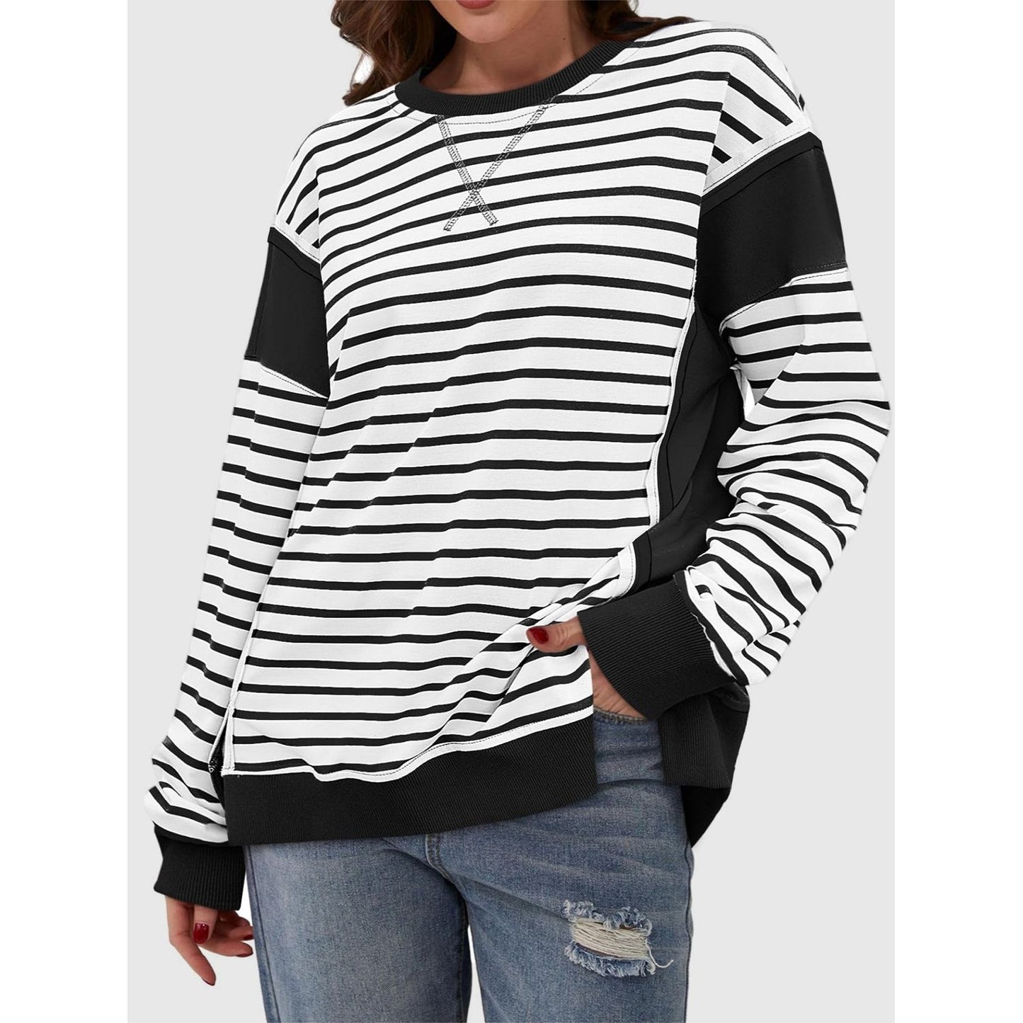 Slit Exposed Seam Striped Long Sleeve Sweatshirt