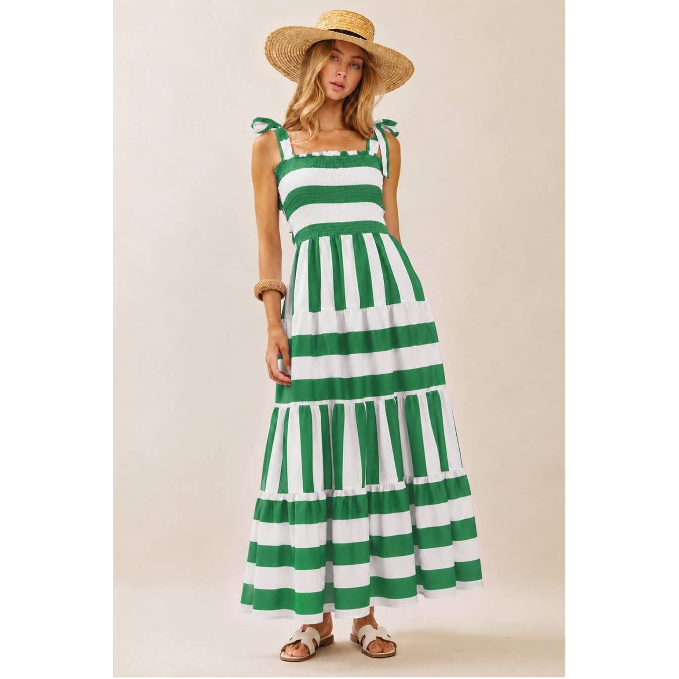 Stripe Tiered Maxi Smocked Top Dress