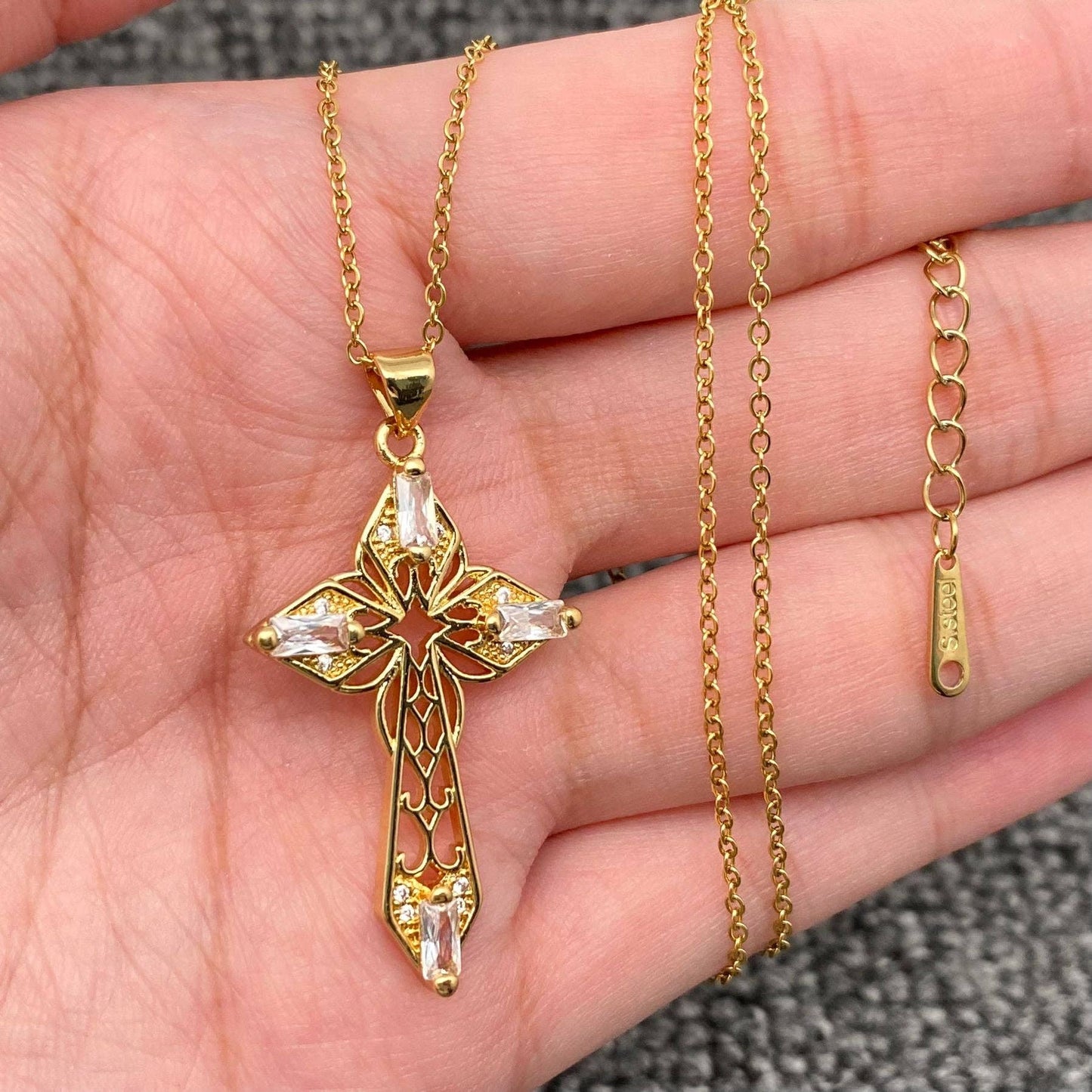 Multi Style Rhinestone & CZ Cross Charm Golden Necklace