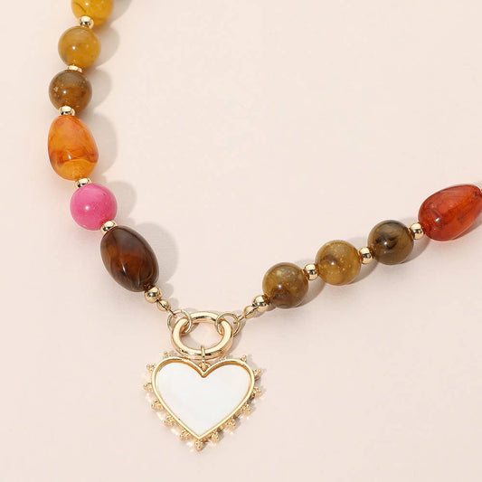 Heart Pendant Ring Accent Mixed Bead Necklace