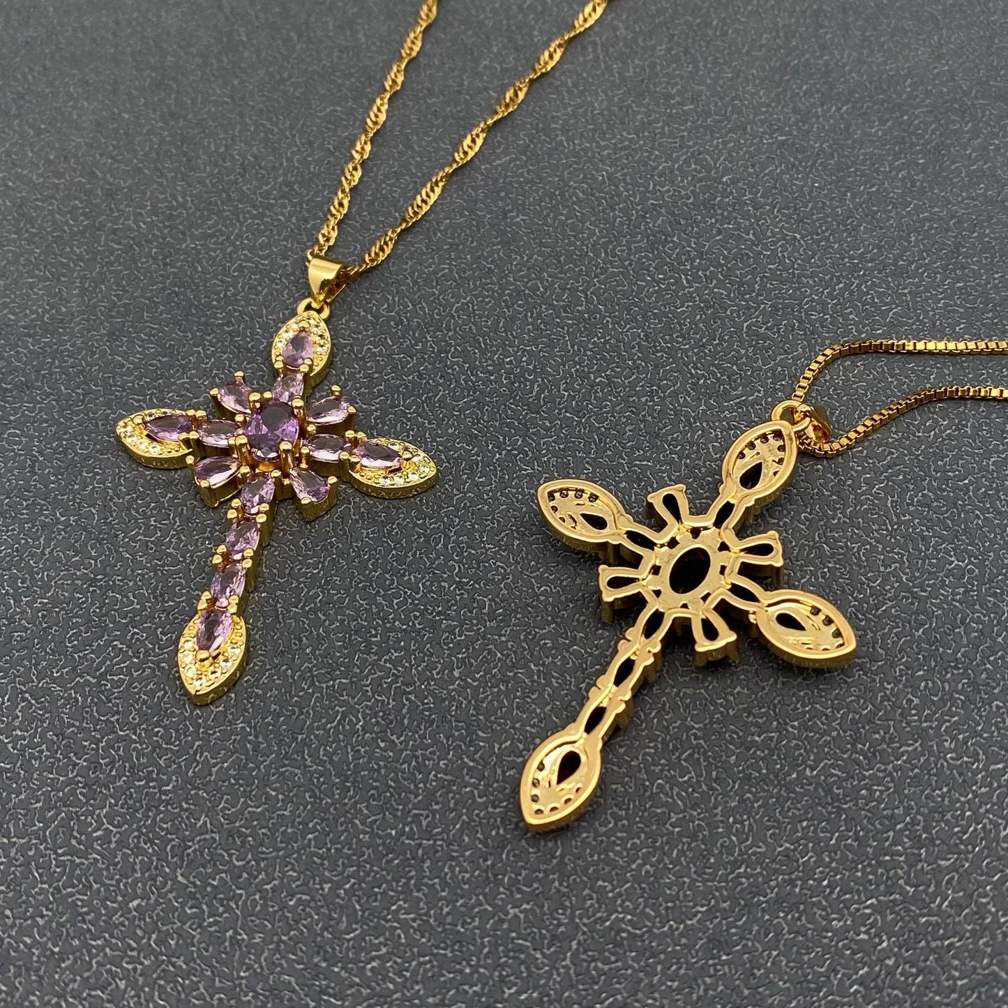 Sparkling Zircon Cross Charm Gold Plated Necklace