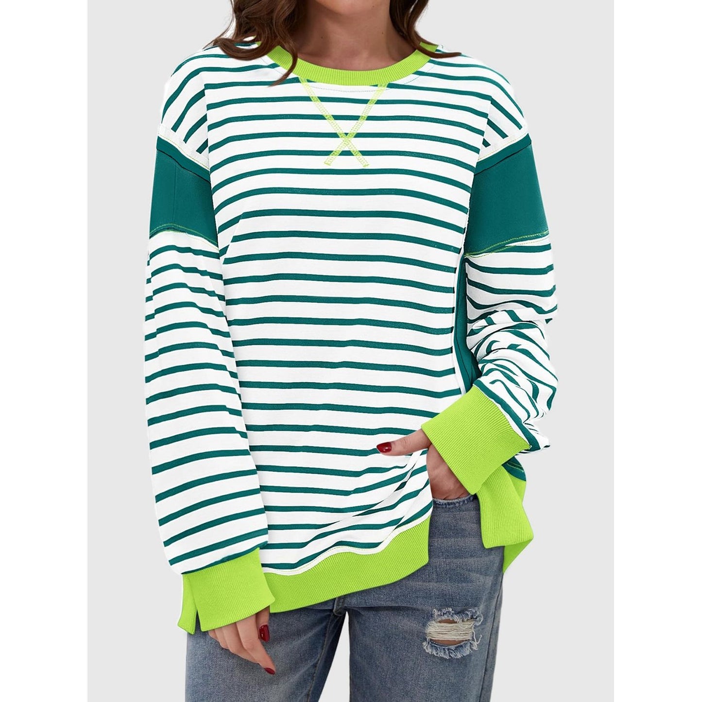 Slit Exposed Seam Striped Long Sleeve Sweatshirt