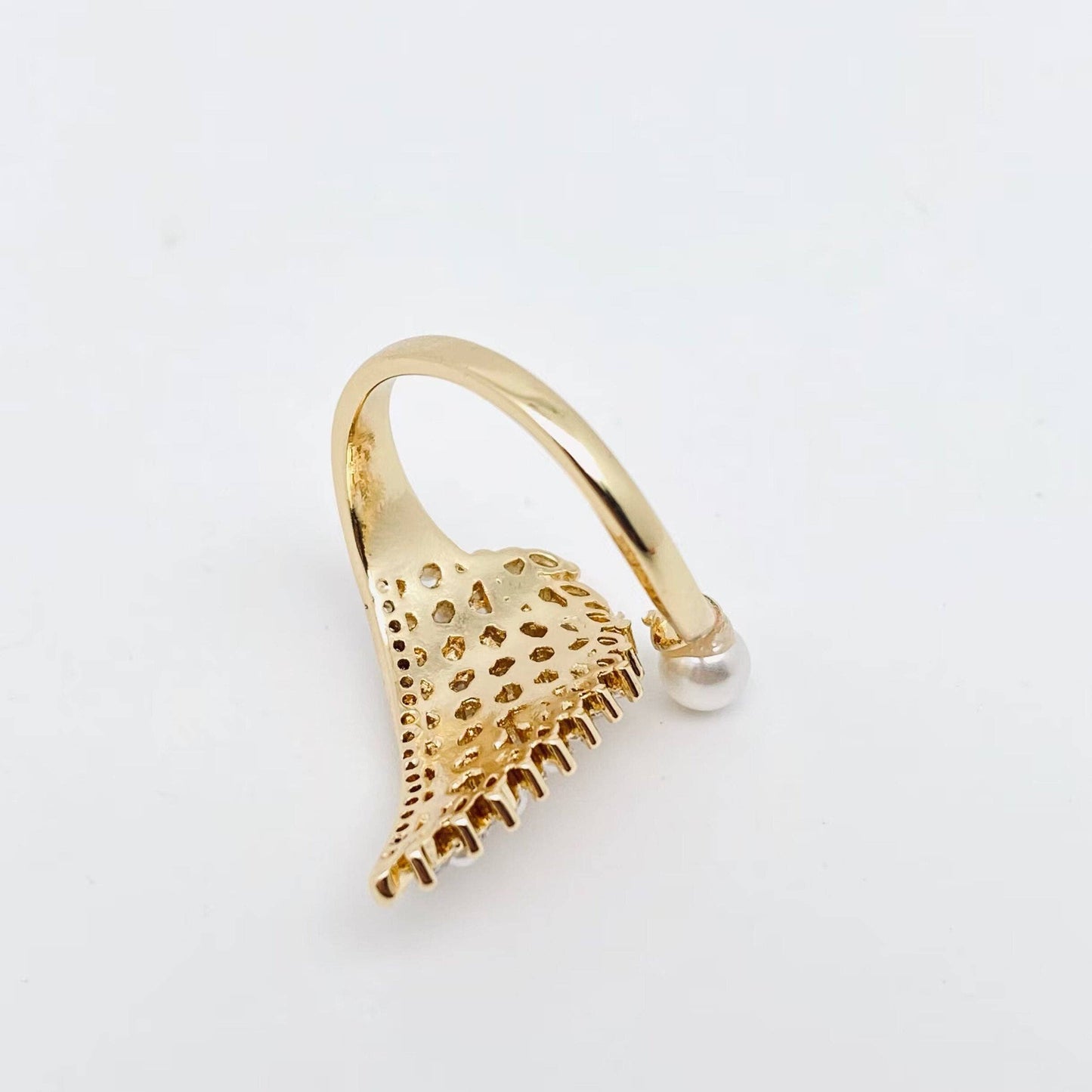 Angel Wings CZ Pearl Adjustable Ring with 18K Gold Plating