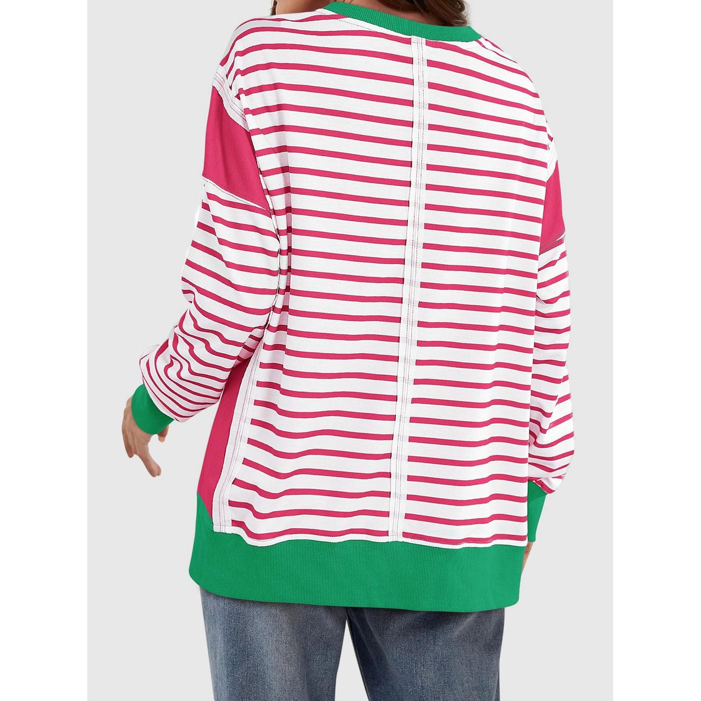 Slit Exposed Seam Striped Long Sleeve Sweatshirt