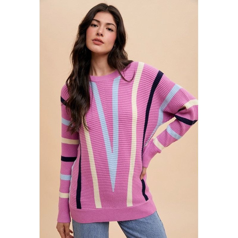 Annie Wear Chevron Stripe Round Neck Ribbed Sweater