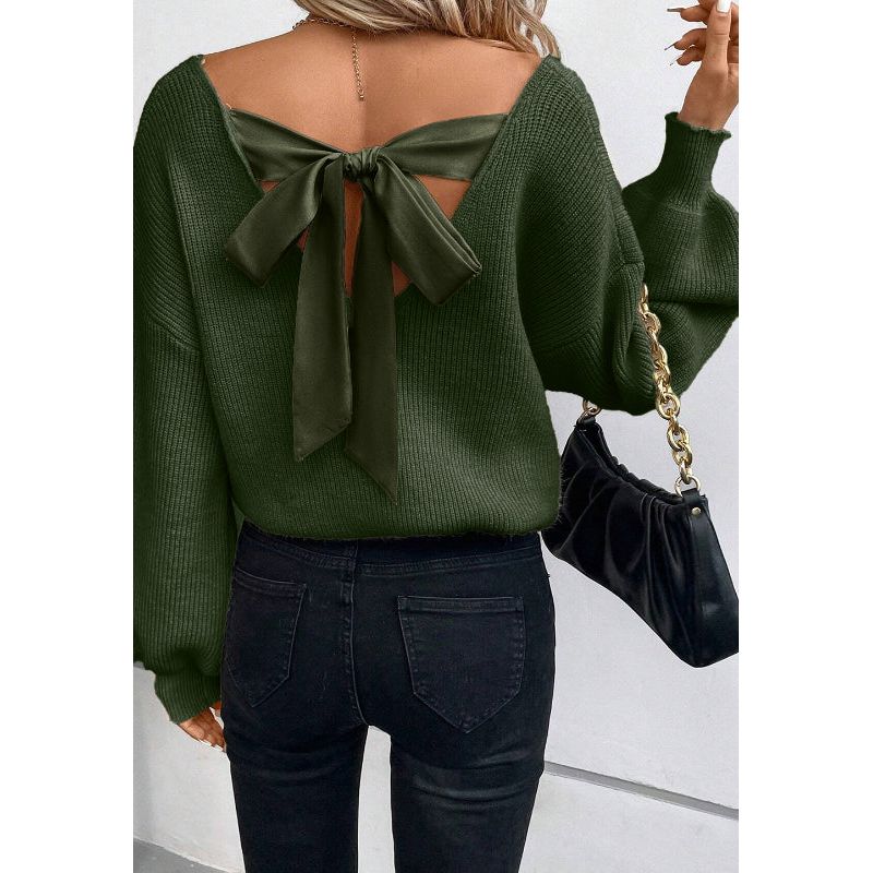 Tied Back V-Neck Long Sleeve Sweater