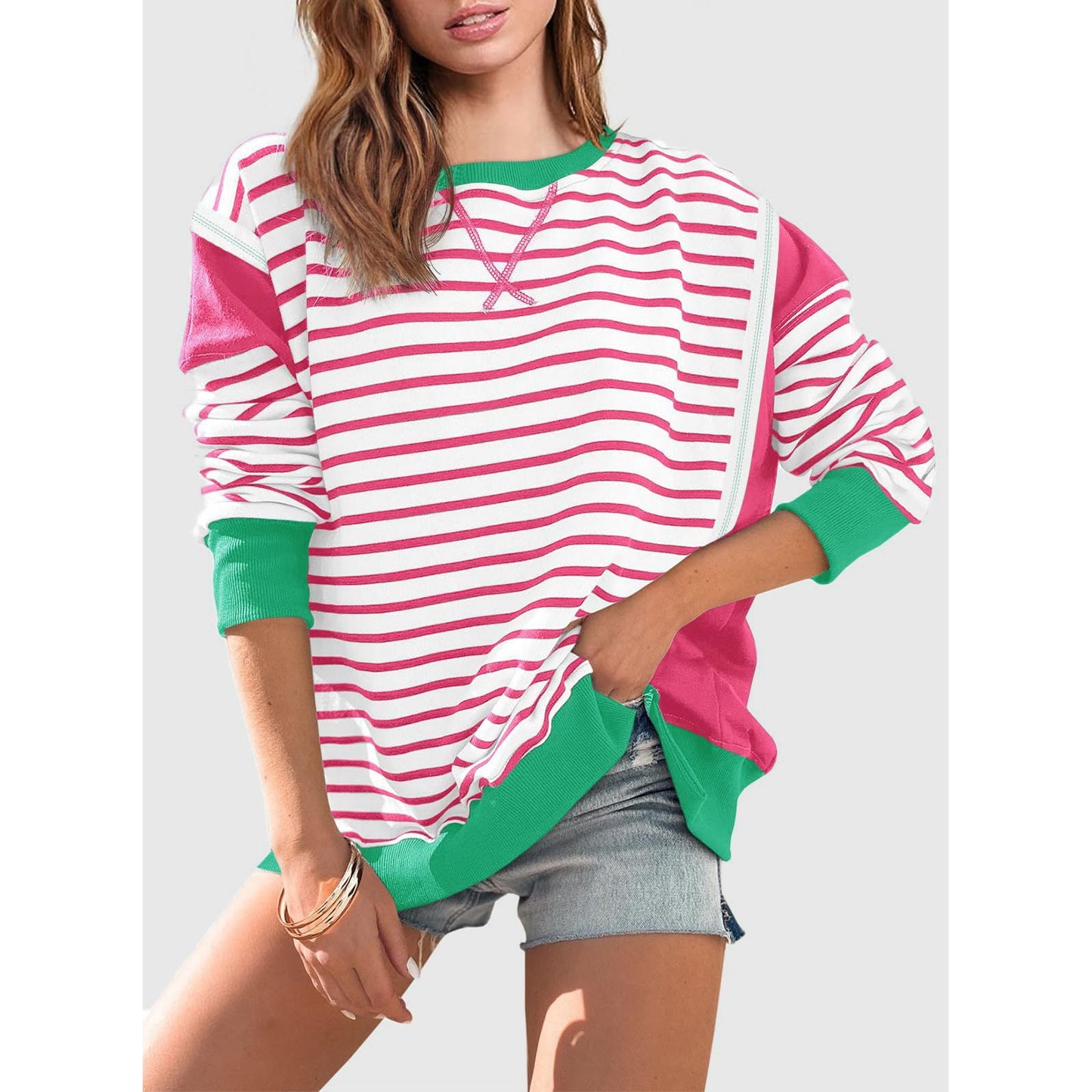 Slit Exposed Seam Striped Long Sleeve Sweatshirt