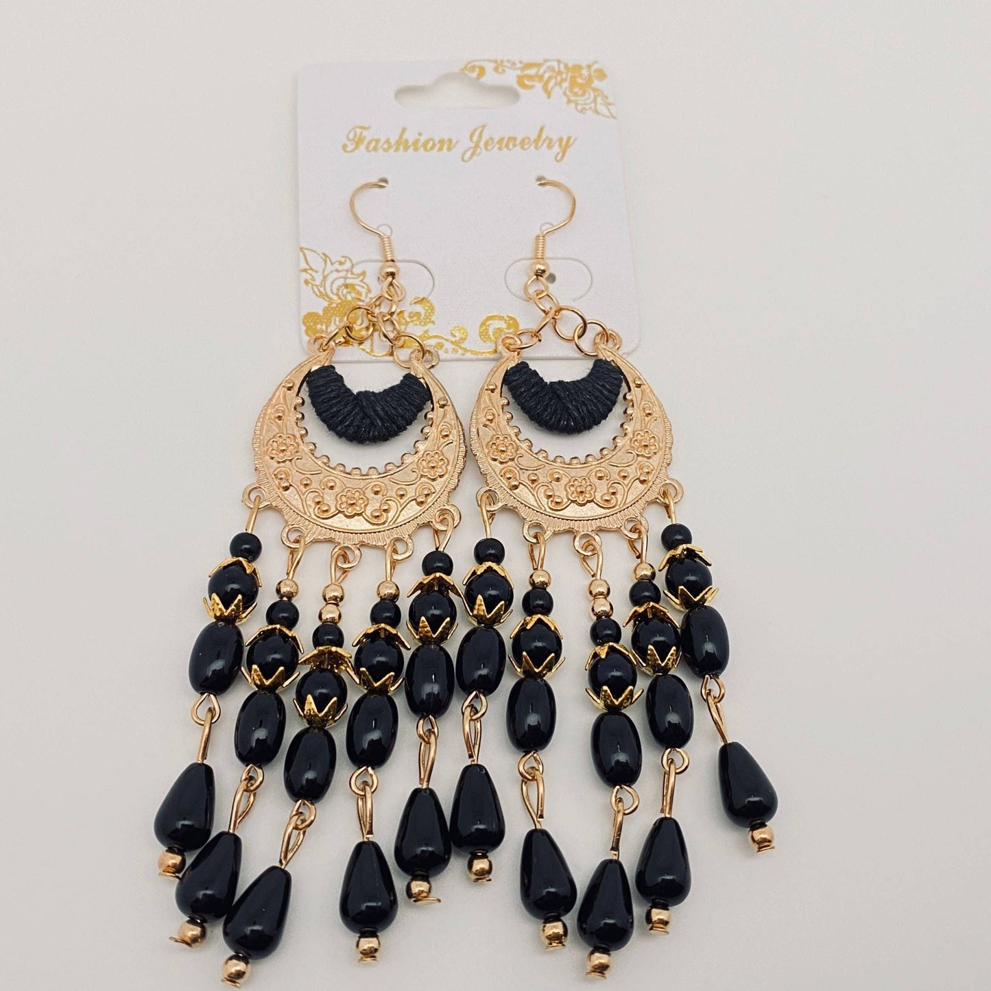 Beaded Tassel Crescent Earrings