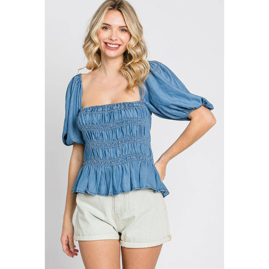 Denim Smocked Peplum Top