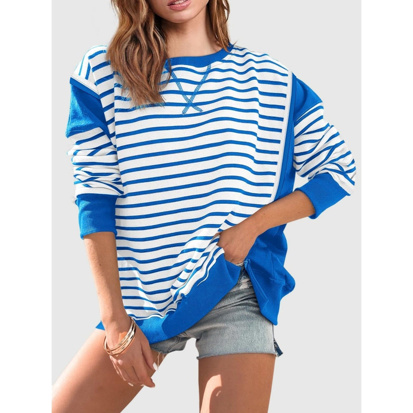 Slit Exposed Seam Striped Long Sleeve Sweatshirt