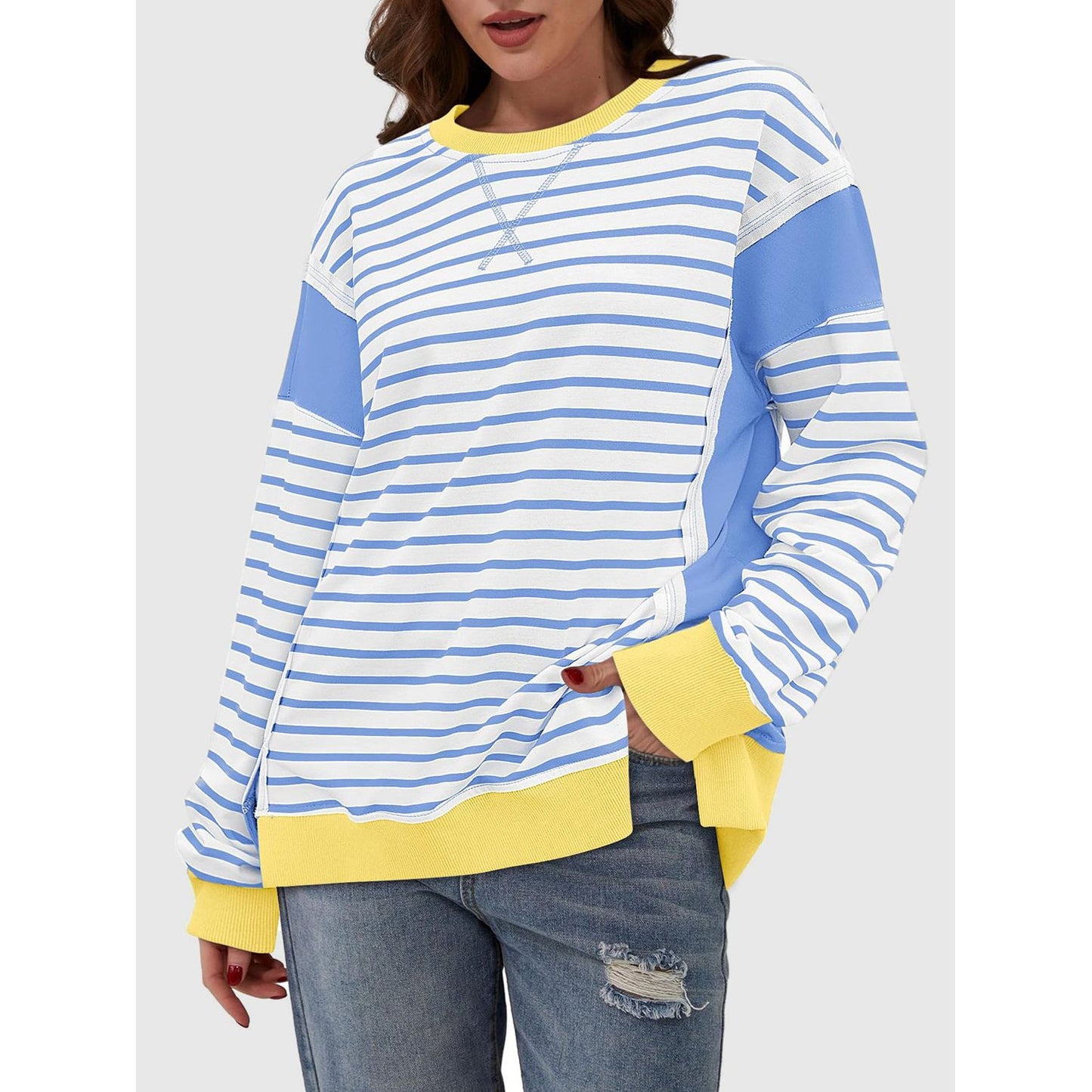 Slit Exposed Seam Striped Long Sleeve Sweatshirt