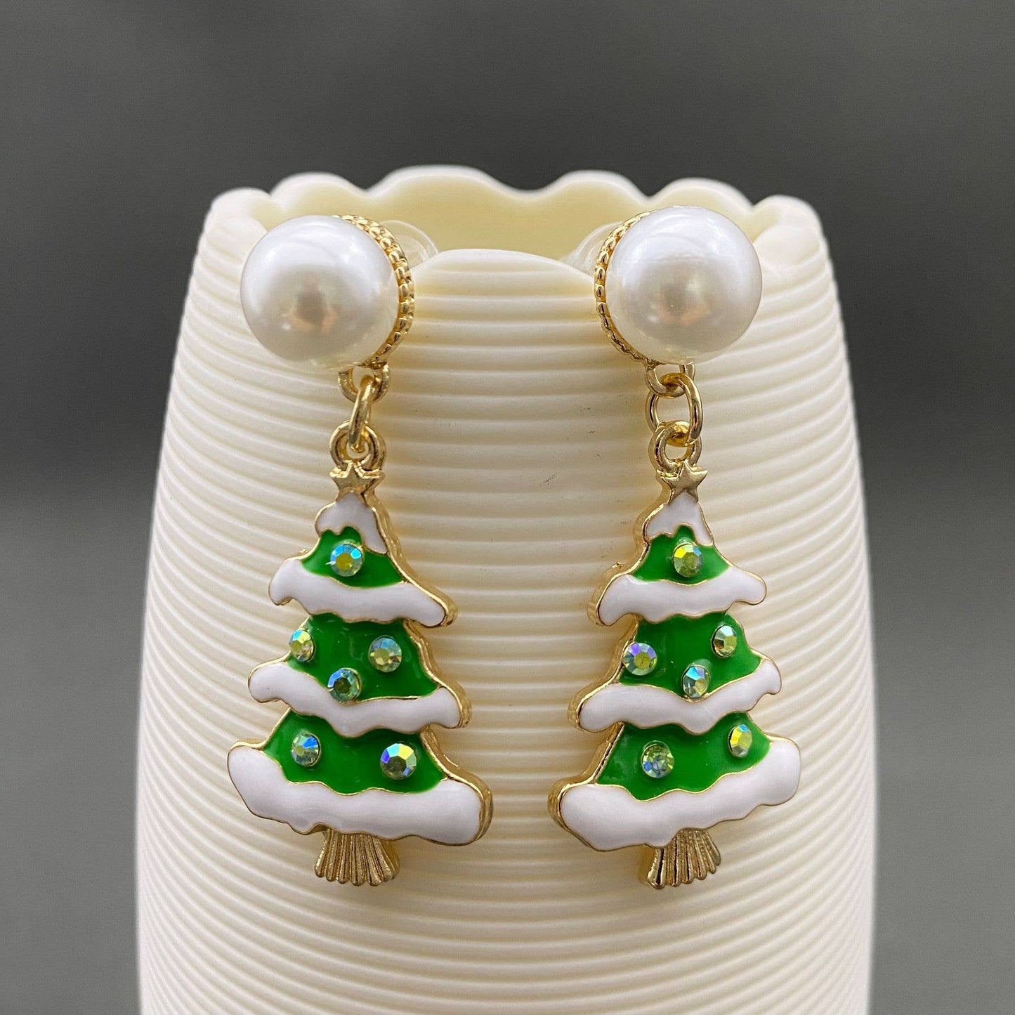 Enamel Christmas Tree Pearl Post Earrings