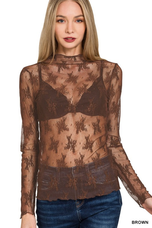 Brown Lace Sheer Top