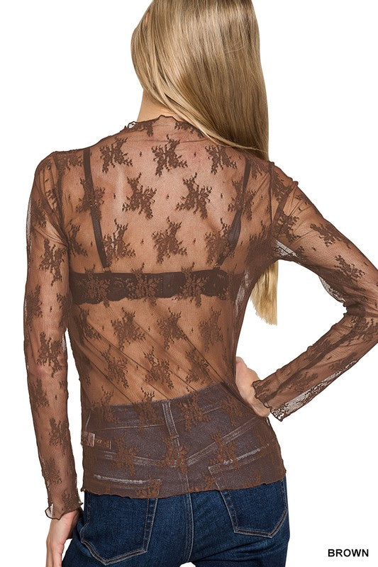 Brown Lace Sheer Top