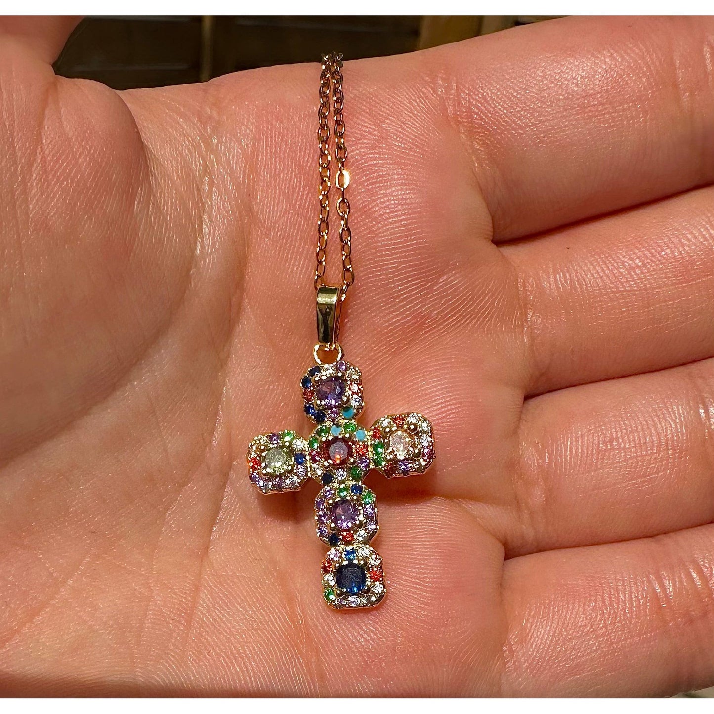 Multi Style Rhinestone & CZ Cross Charm Golden Necklace