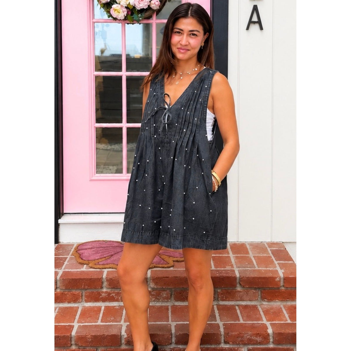 Pleated All over Pearl Denim Romper