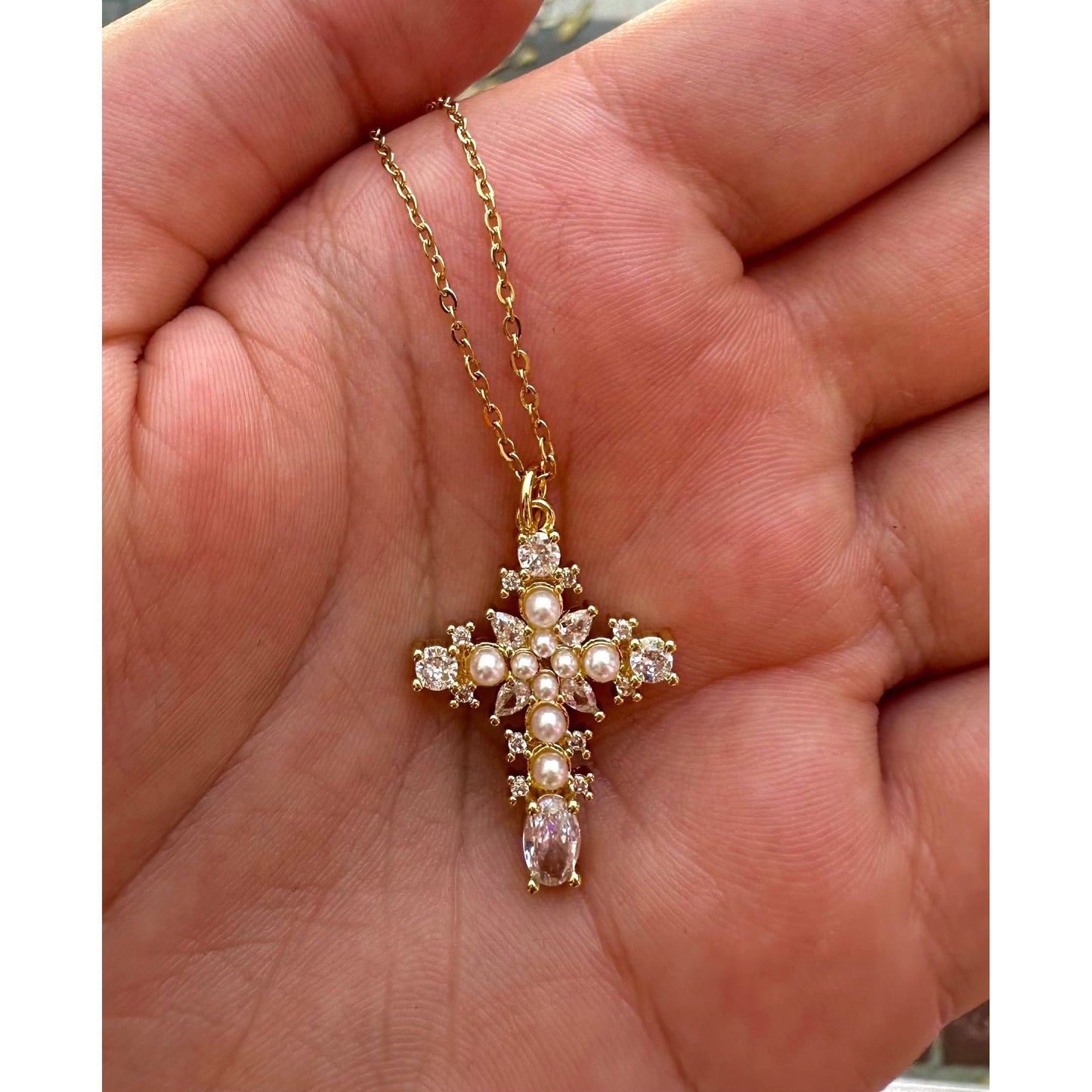 Multi Style Rhinestone & CZ Cross Charm Golden Necklace