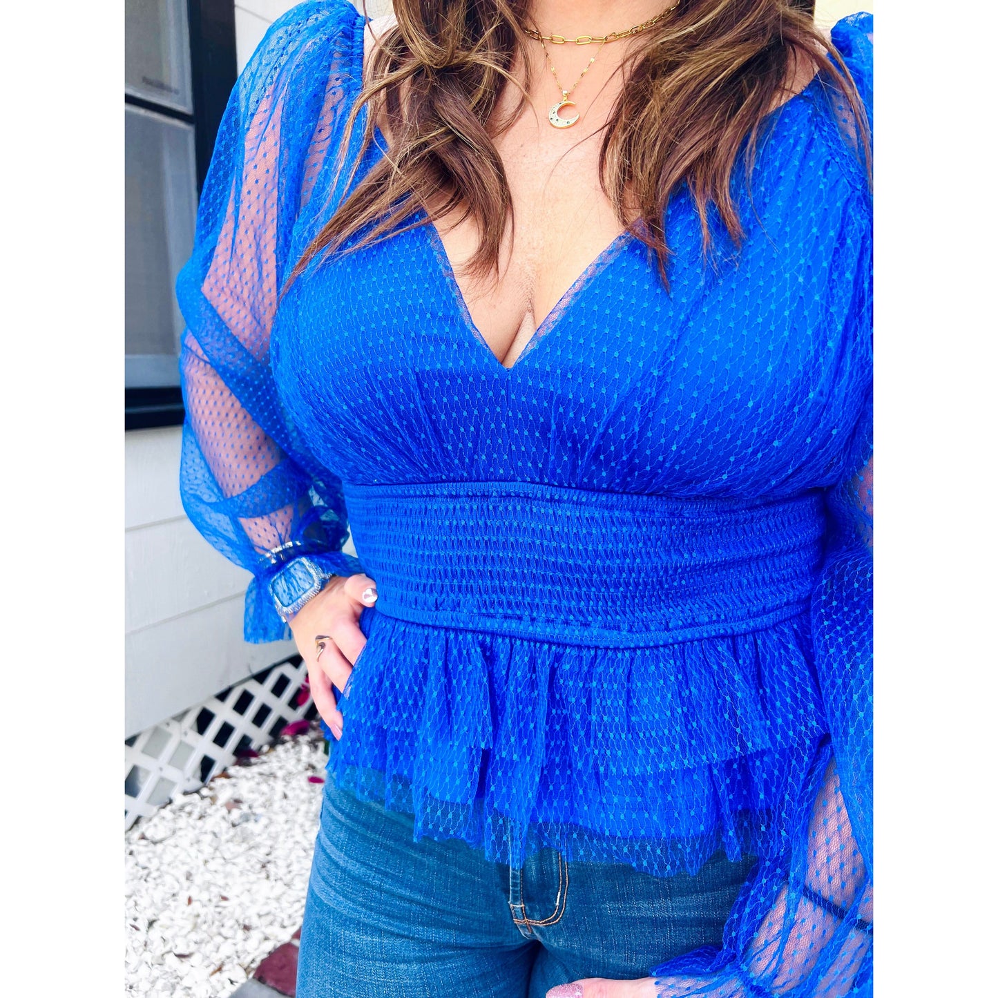 Once in a Blue Moon V-neck Mesh top