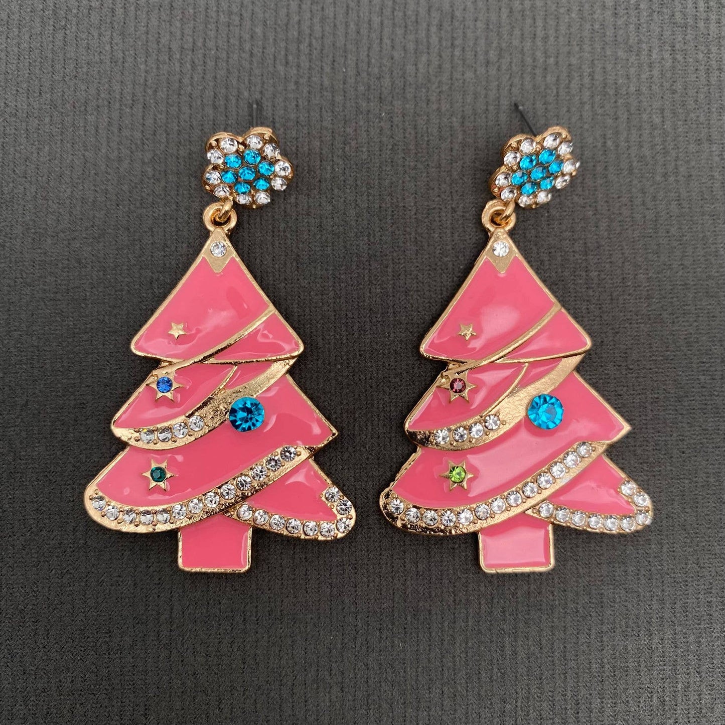 Rhinestone Inlaid Pink Enamel Christmas Tree Dagle Earrings