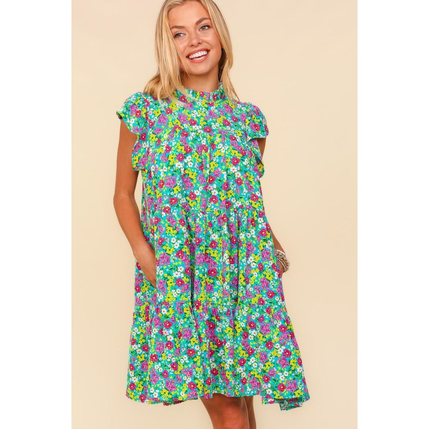 Haptics Frilled Mock Neck Ditsy Floral Dress