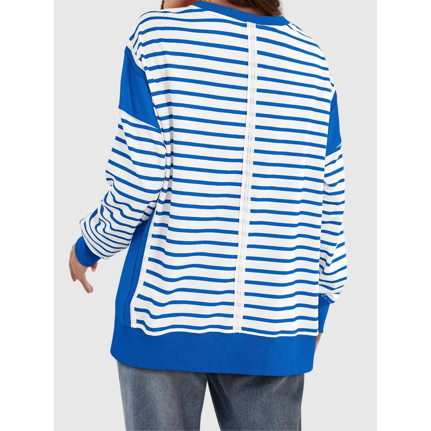 Slit Exposed Seam Striped Long Sleeve Sweatshirt