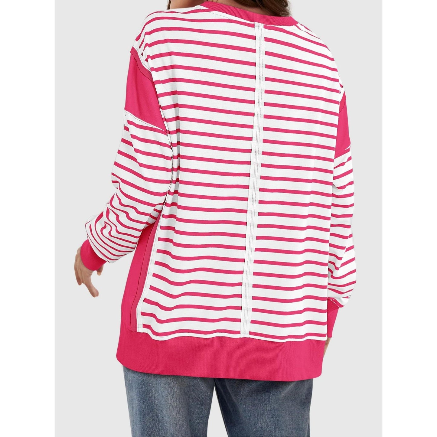 Slit Exposed Seam Striped Long Sleeve Sweatshirt